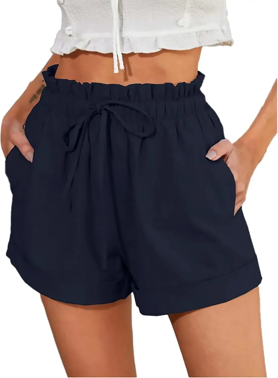 Women's Linen Shorts High Waisted Pleated Casual Bermuda Pants Lightweight Loose Wide Leg Workout Short with Pockets