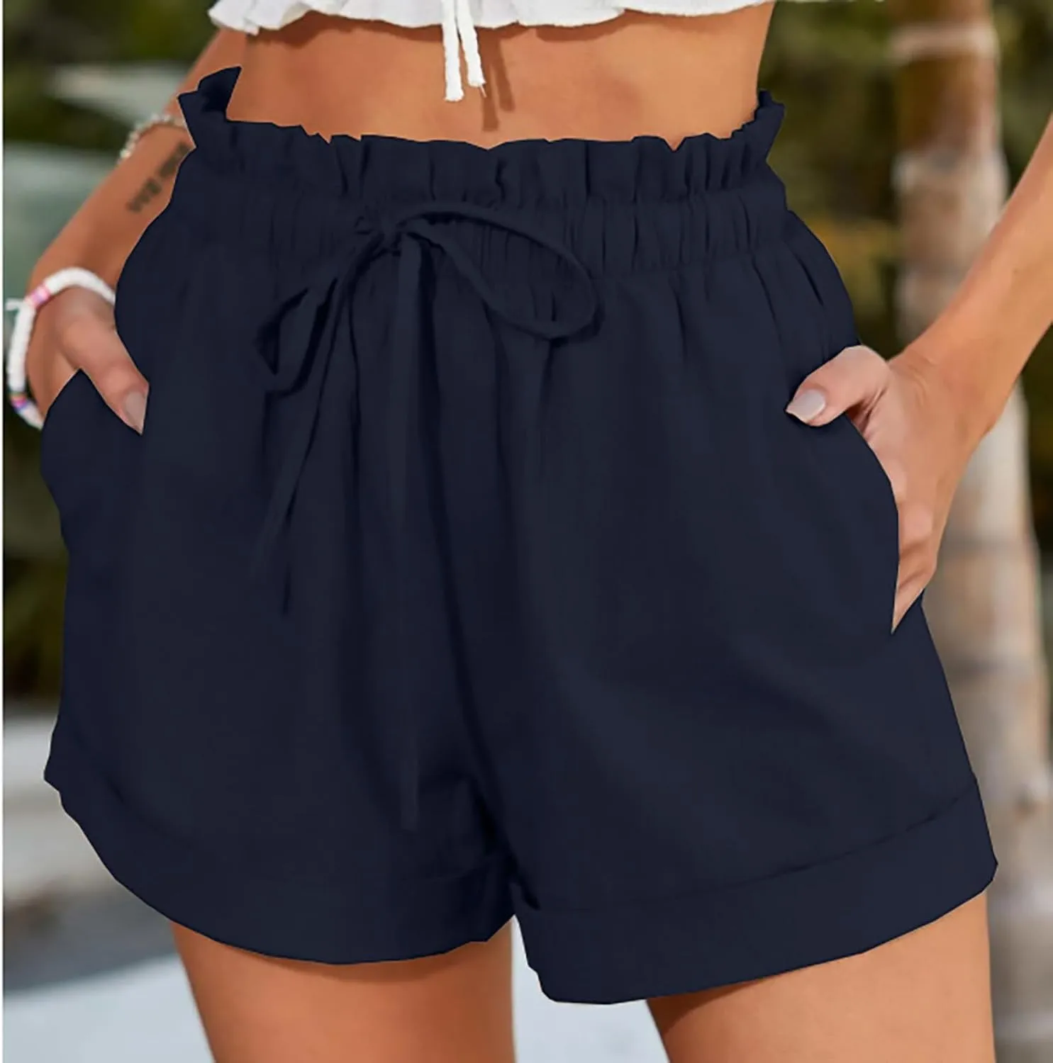 Women's Linen Shorts High Waisted Pleated Casual Bermuda Pants Lightweight Loose Wide Leg Workout Short with Pockets