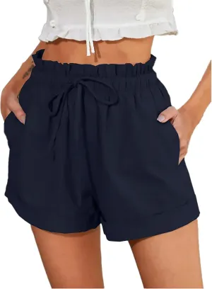 Women's Linen Shorts High Waisted Pleated Casual Bermuda Pants Lightweight Loose Wide Leg Workout Short with Pockets