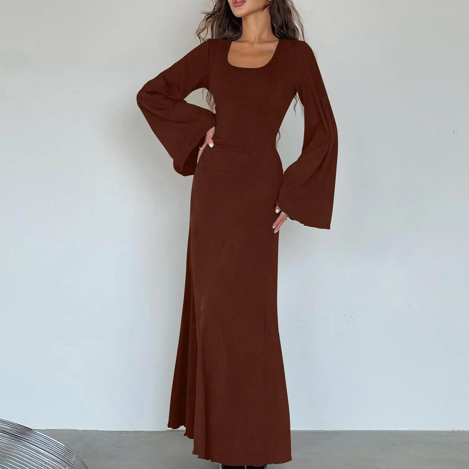 Womens Long Bell Sleeve Formal Evening Wedding Maxi Dress Knitted U Neck Solid Color Ribbed Bodycon Long Dresses