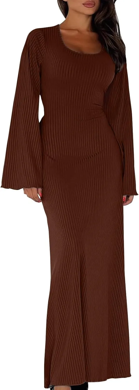 Womens Long Bell Sleeve Formal Evening Wedding Maxi Dress Knitted U Neck Solid Color Ribbed Bodycon Long Dresses