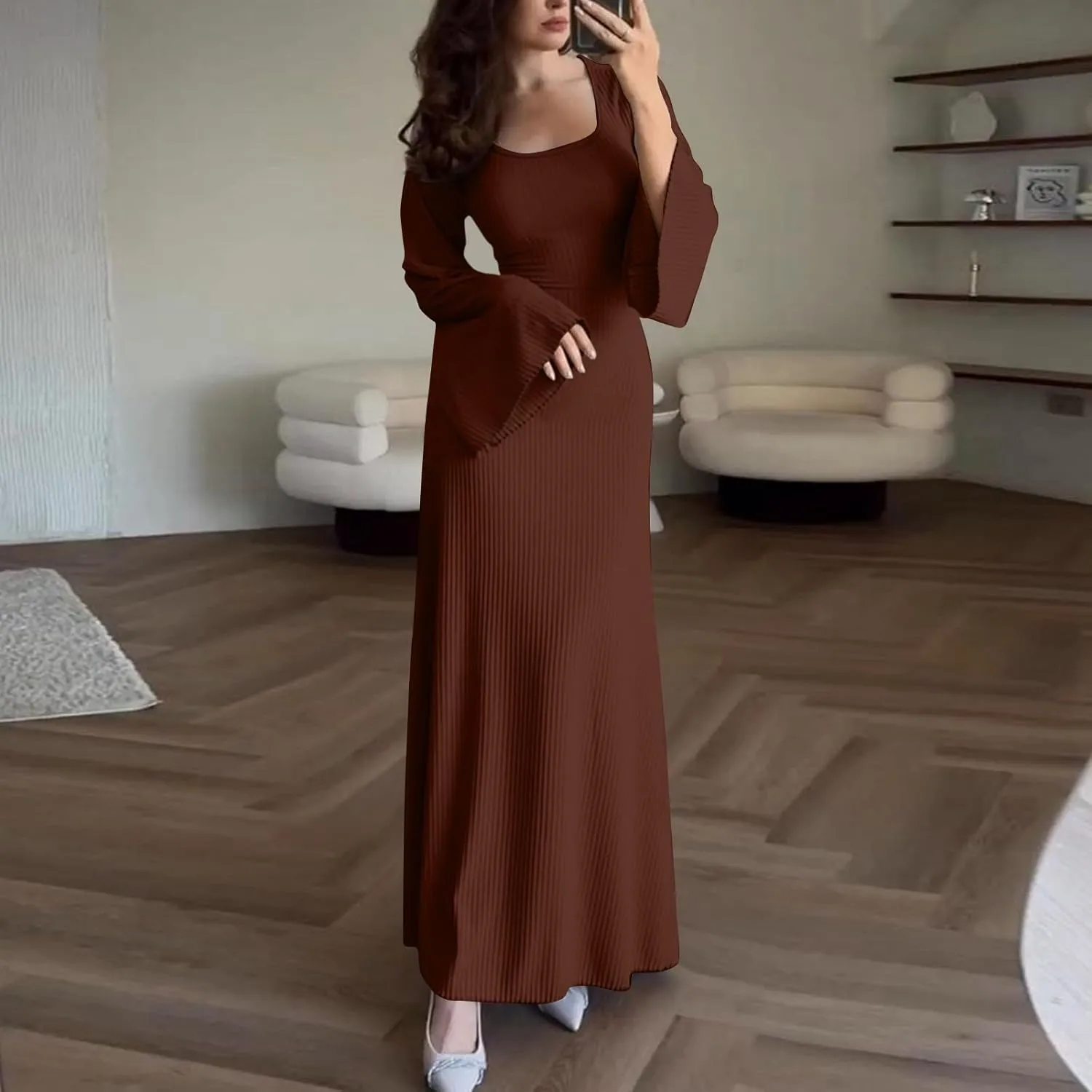 Womens Long Bell Sleeve Formal Evening Wedding Maxi Dress Knitted U Neck Solid Color Ribbed Bodycon Long Dresses