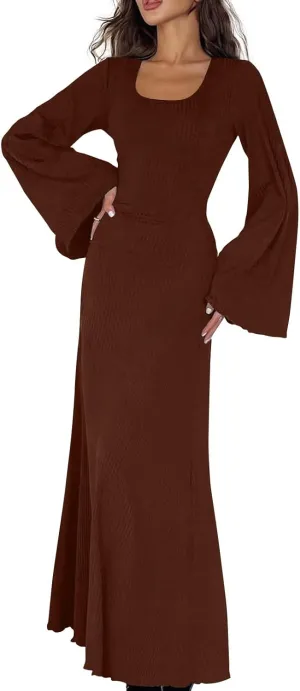 Womens Long Bell Sleeve Formal Evening Wedding Maxi Dress Knitted U Neck Solid Color Ribbed Bodycon Long Dresses