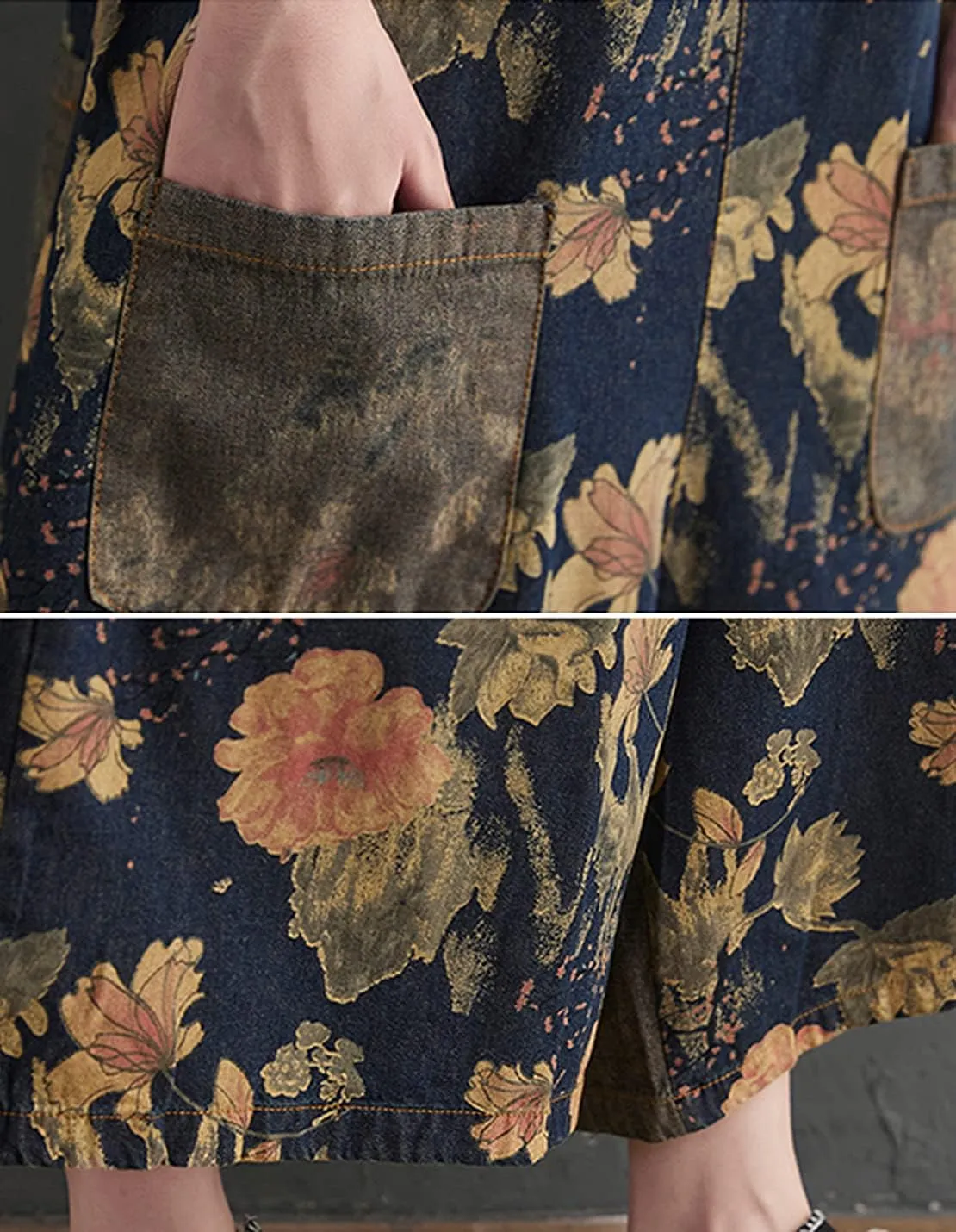 Women's Loose Print Adjustable Straps Denim Baggy Bib Overalls Casual Wide Leg Jeans Jumpsuit Rompers Pants