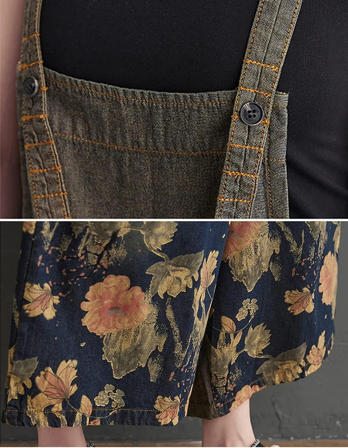 Women's Loose Print Adjustable Straps Denim Baggy Bib Overalls Casual Wide Leg Jeans Jumpsuit Rompers Pants