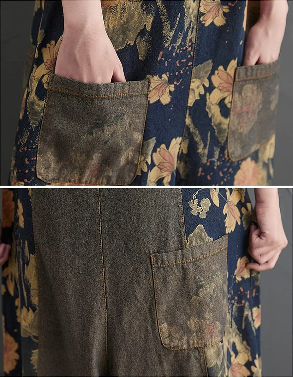 Women's Loose Print Adjustable Straps Denim Baggy Bib Overalls Casual Wide Leg Jeans Jumpsuit Rompers Pants