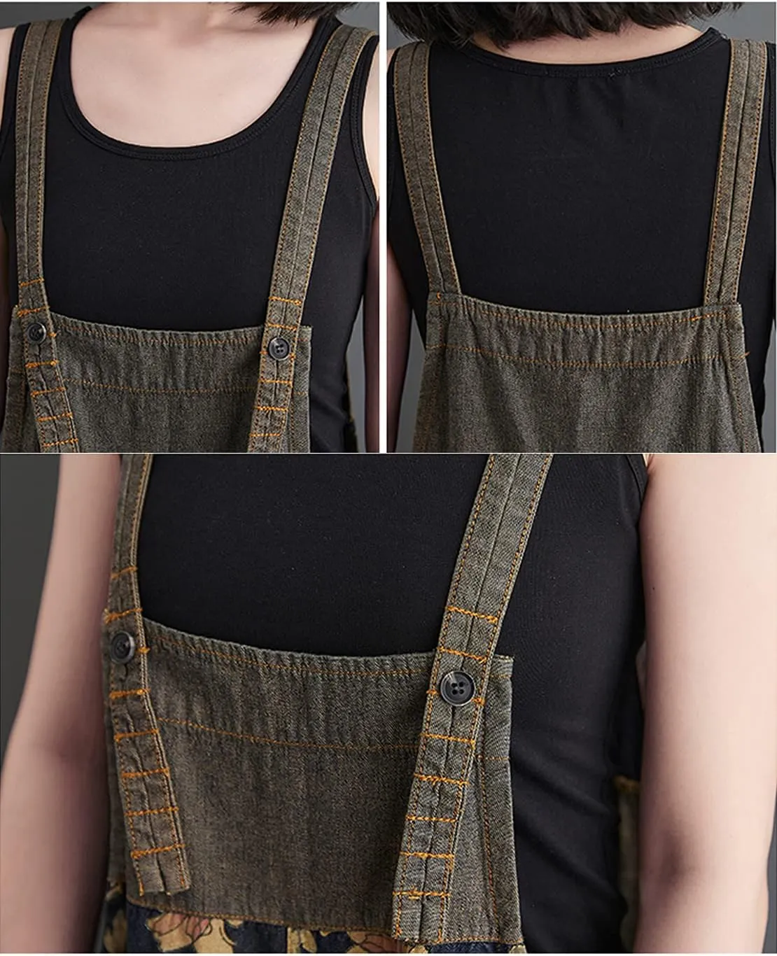 Women's Loose Print Adjustable Straps Denim Baggy Bib Overalls Casual Wide Leg Jeans Jumpsuit Rompers Pants