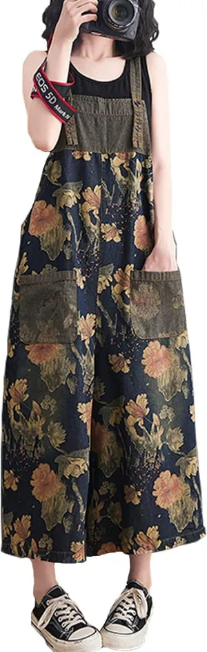 Women's Loose Print Adjustable Straps Denim Baggy Bib Overalls Casual Wide Leg Jeans Jumpsuit Rompers Pants