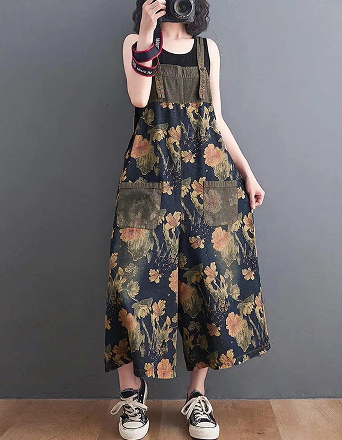 Women's Loose Print Adjustable Straps Denim Baggy Bib Overalls Casual Wide Leg Jeans Jumpsuit Rompers Pants