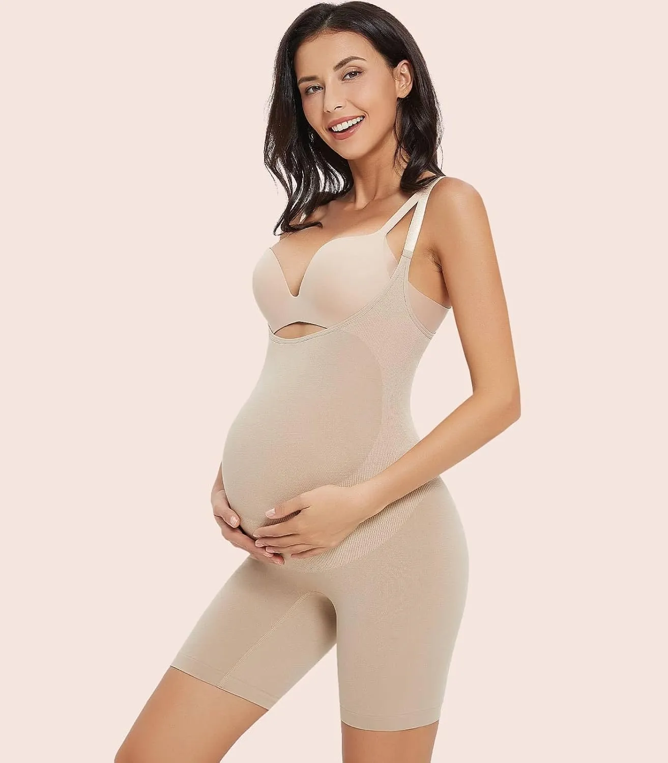 Women's Maternity Bodysuit Pregnancy Shapewear Bump Support Shorts Seamless Adjustable Straps Romper Jumpsuit