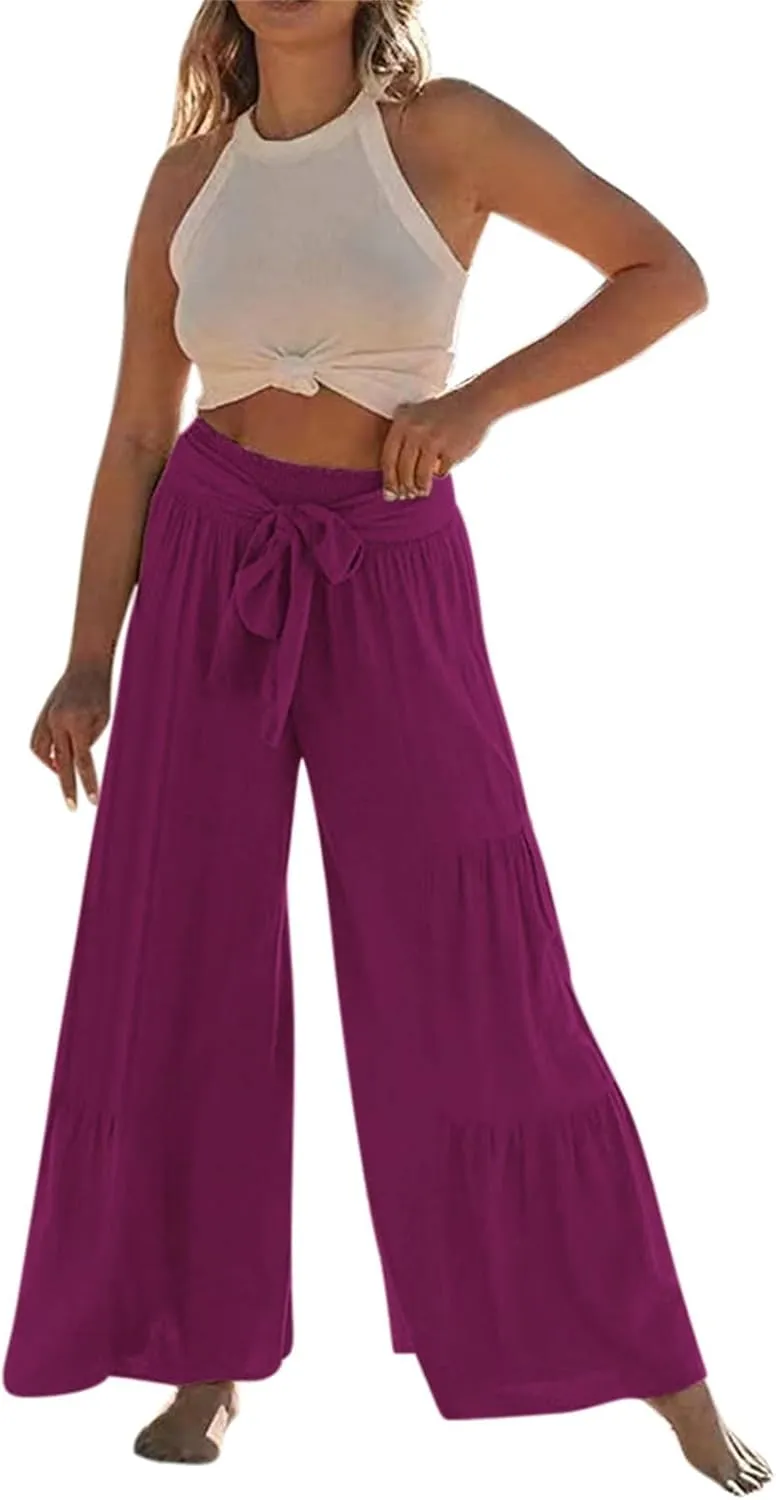 Women's New Solid Color Lace Up High Waisted Flowy Yoga Sweatpants Casual Comfy Lihgtweight Breathable Straight Leg Trousers