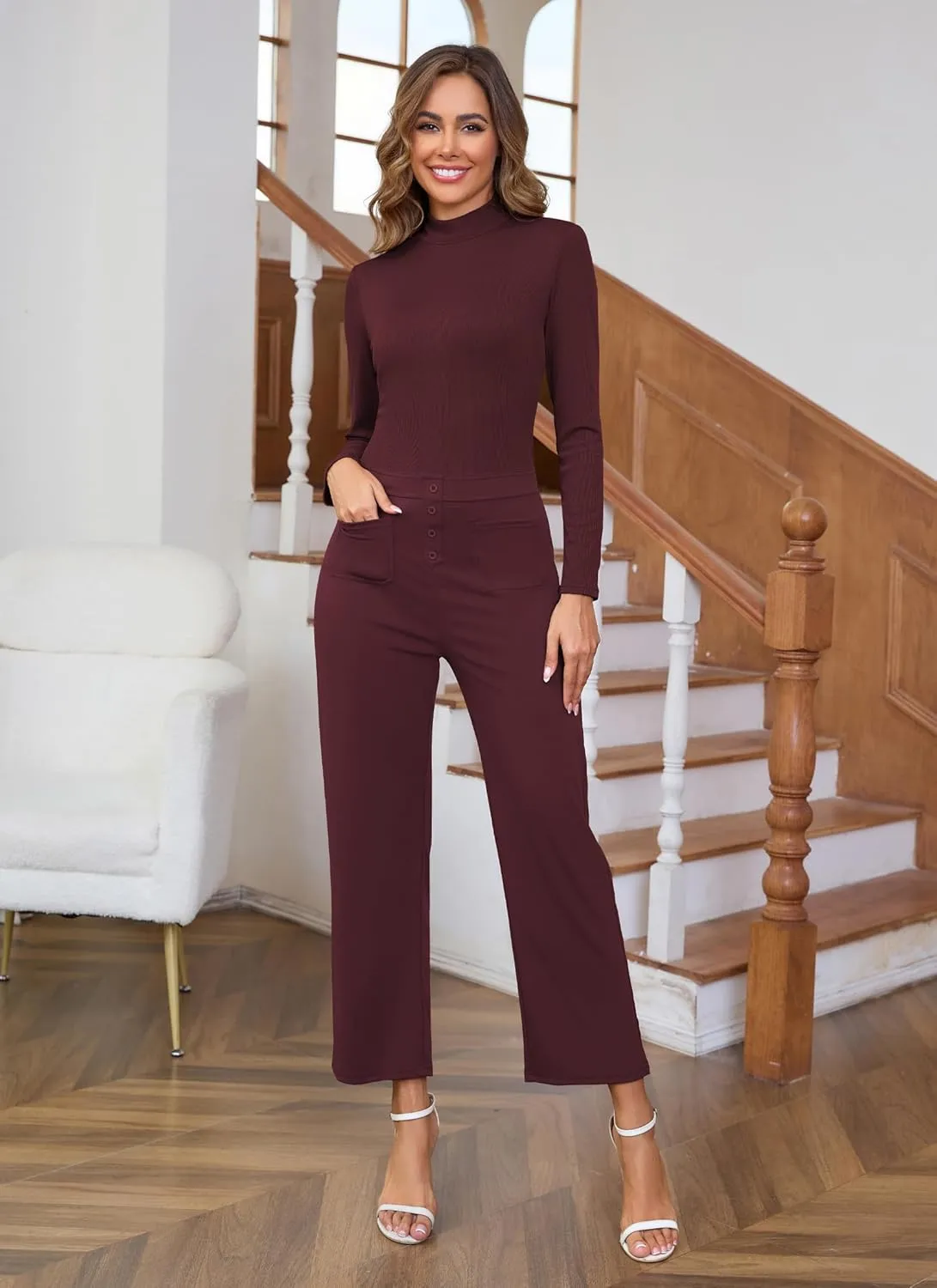 Womens One Piece Rompers Long Sleeve Mock Neck Work Jumpsuit Zip Back High Waist Straight Leg Rompers with Pockets