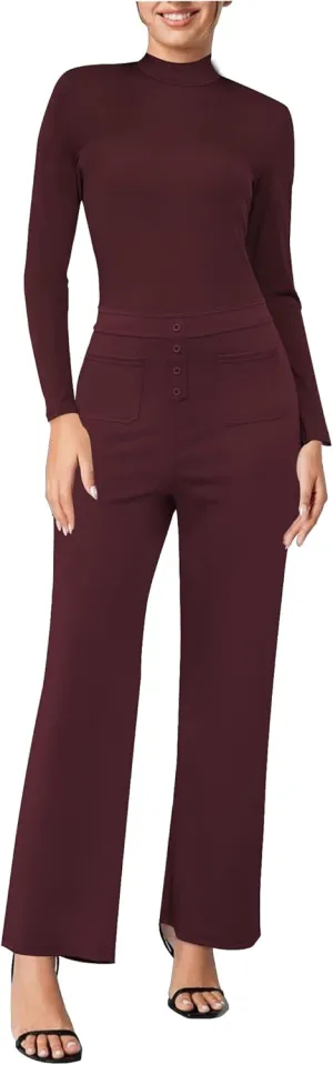 Womens One Piece Rompers Long Sleeve Mock Neck Work Jumpsuit Zip Back High Waist Straight Leg Rompers with Pockets