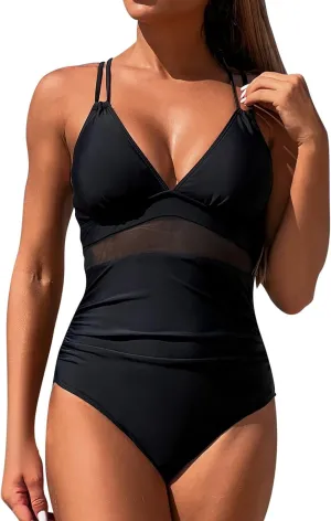 Women's One Piece Swimsuit 2025 Tummy Control Hollow Mesh Slimming Swimwear Trendy Solid High Waisted Sling Bathing Suits