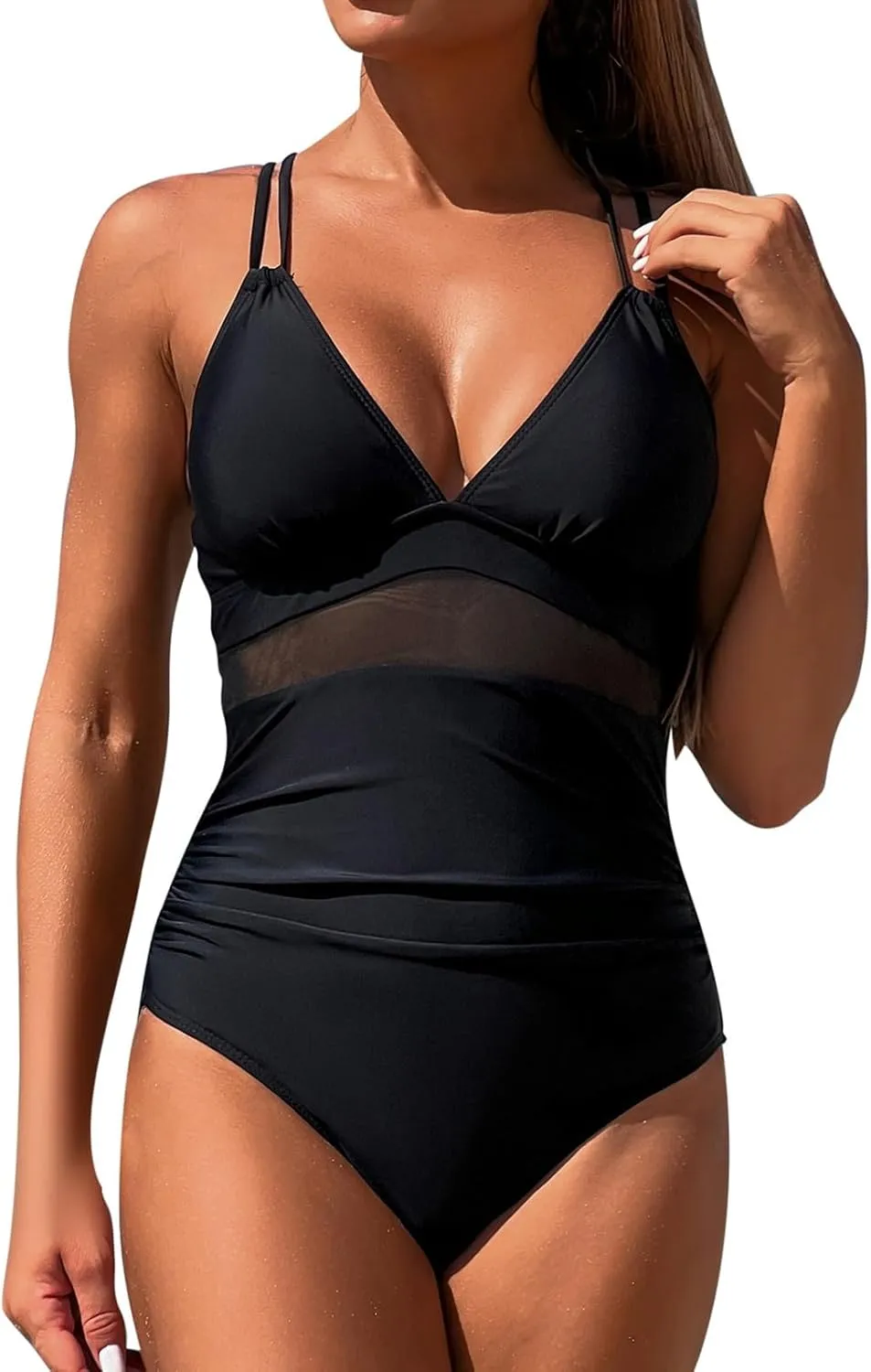 Women's One Piece Swimsuit 2025 Tummy Control Hollow Mesh Slimming Swimwear Trendy Solid High Waisted Sling Bathing Suits