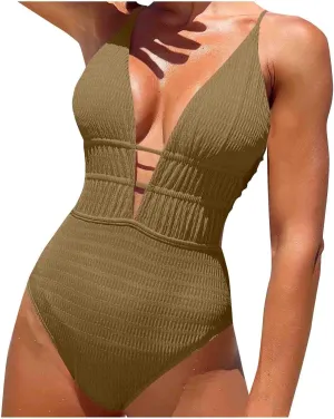 Women's One Piece Swimsuit Tummy Control Slimming Bathing Suits V Neck Cut Out Cross Backless Swimwear Sexy Monokini