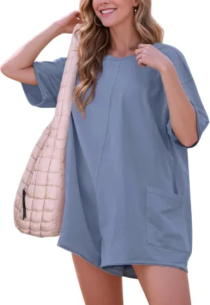 Women's Oversized Tee Romper V Neck Short Sleeve Athletic One Piece Shorts Jumpsuit with Pockets