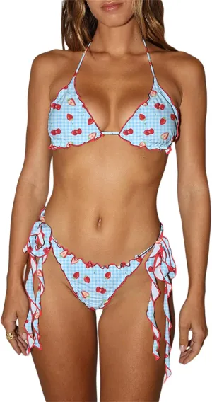 Womens Polka Dots Thong Bikini Set Print Side Tie Spaghetti Strap Halter High Waisted Sexy Beach Vacation Swimwear