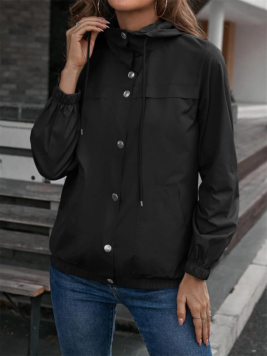 Womens Rain Jacket with Hood Waterproof Anorak Hooded Raincoat Long Sleeve Winter Warm Smooth Lightweight Outdoor Coat