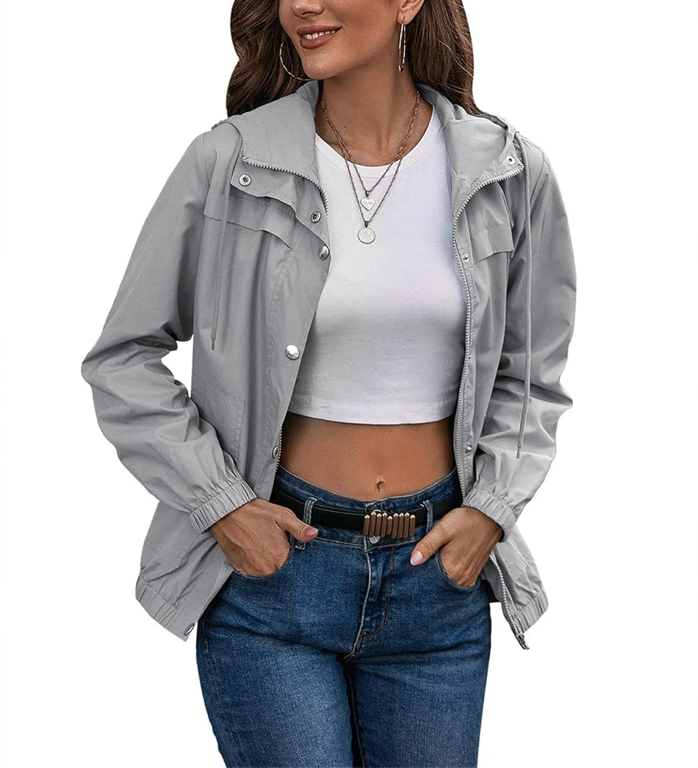 Womens Rain Jacket with Hood Waterproof Anorak Hooded Raincoat Long Sleeve Winter Warm Smooth Lightweight Outdoor Coat
