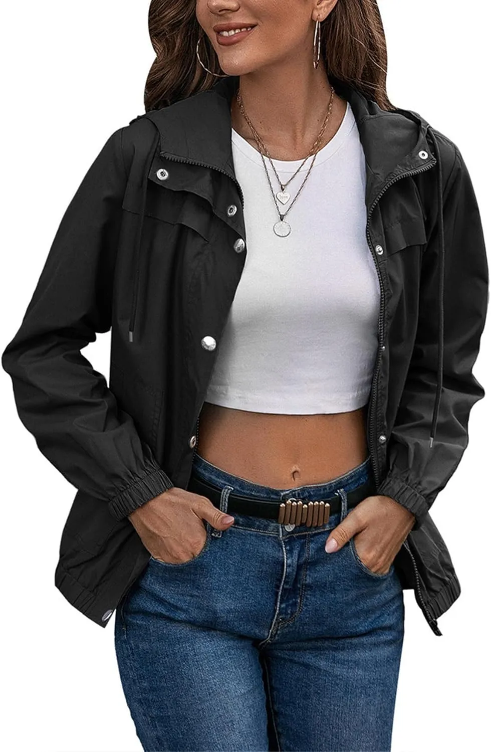 Womens Rain Jacket with Hood Waterproof Anorak Hooded Raincoat Long Sleeve Winter Warm Smooth Lightweight Outdoor Coat