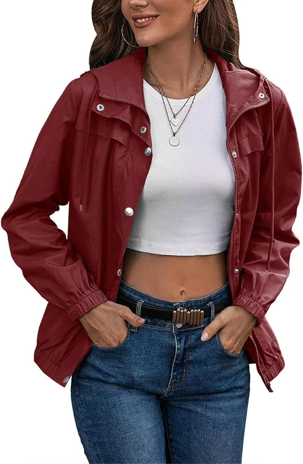 Womens Rain Jacket with Hood Waterproof Anorak Hooded Raincoat Long Sleeve Winter Warm Smooth Lightweight Outdoor Coat