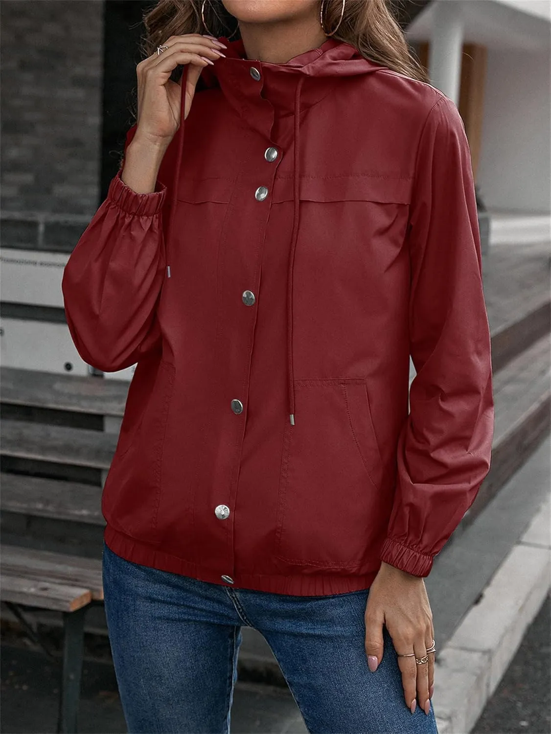 Womens Rain Jacket with Hood Waterproof Anorak Hooded Raincoat Long Sleeve Winter Warm Smooth Lightweight Outdoor Coat