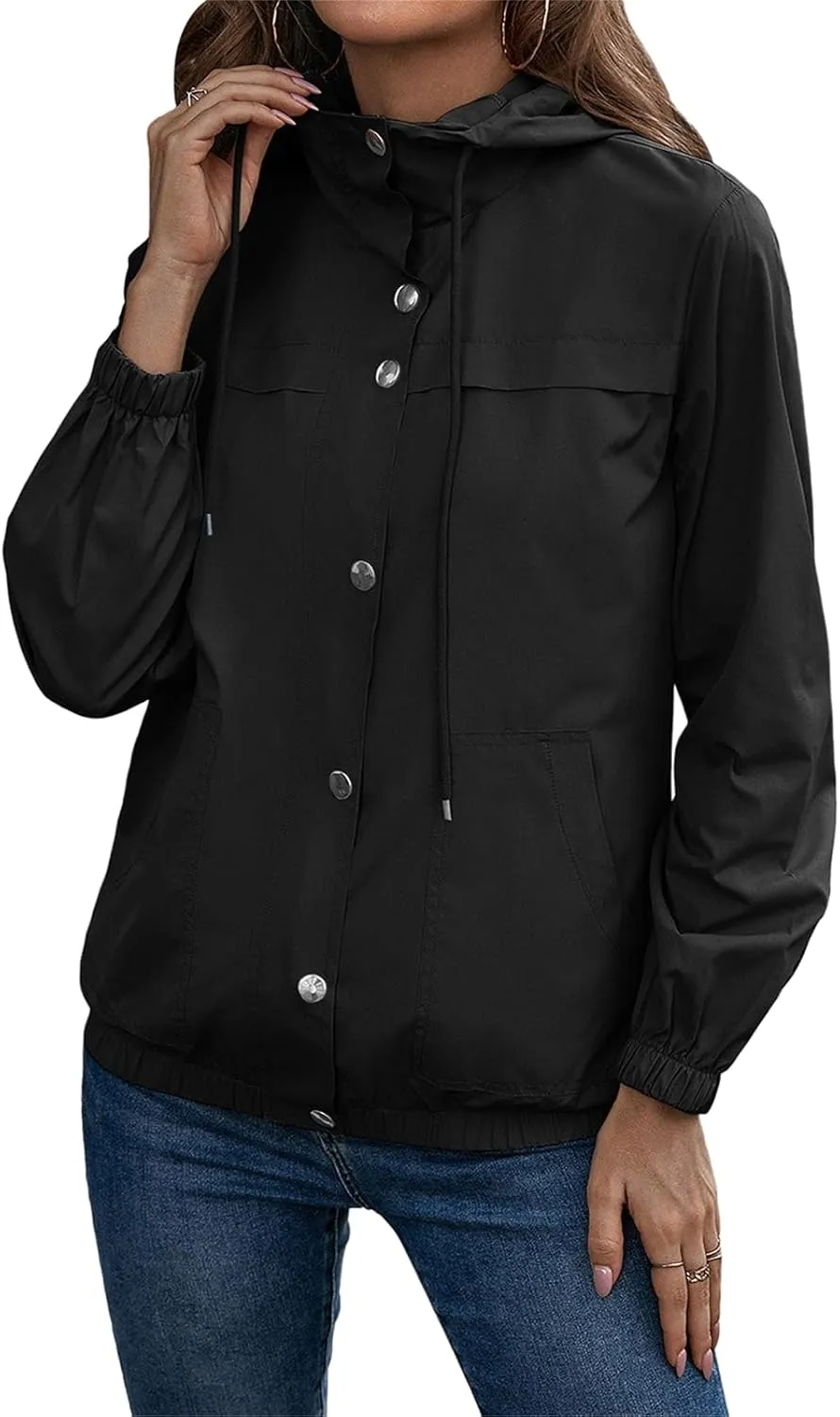 Womens Rain Jacket with Hood Waterproof Anorak Hooded Raincoat Long Sleeve Winter Warm Smooth Pocket Travel Spring