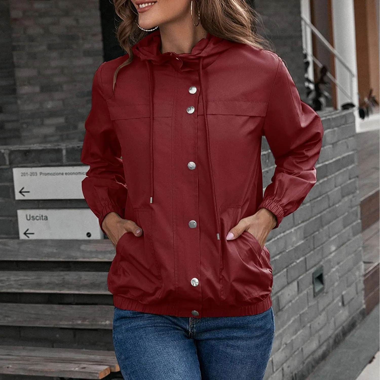 Womens Rain Jacket with Hood Waterproof Anorak Hooded Raincoat Long Sleeve Winter Warm Smooth Pocket Travel Spring