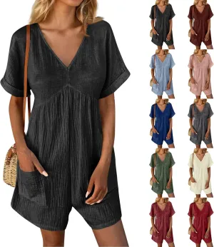 Womens Rompers for Summer Short Sleeve V Neck Short Jumpsuits with Pockets Casual Loose Overall Shorts Beach Outfits