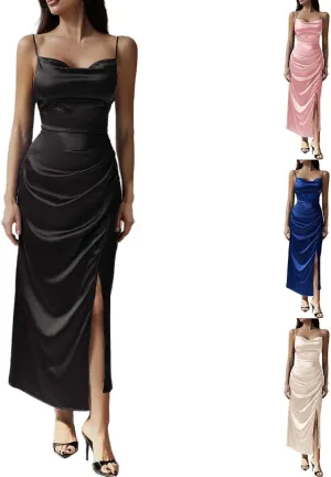 Women's Satin Silk Slip Dress Cowl Neck Backless Ruched Bodycon Dress Summer Sexy Casual Club Formal Long Midi Dresses