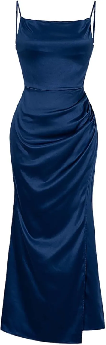 Women's Satin Silk Slip Dress Cowl Neck Backless Ruched Bodycon Dress Summer Sexy Casual Club Formal Long Midi Dresses