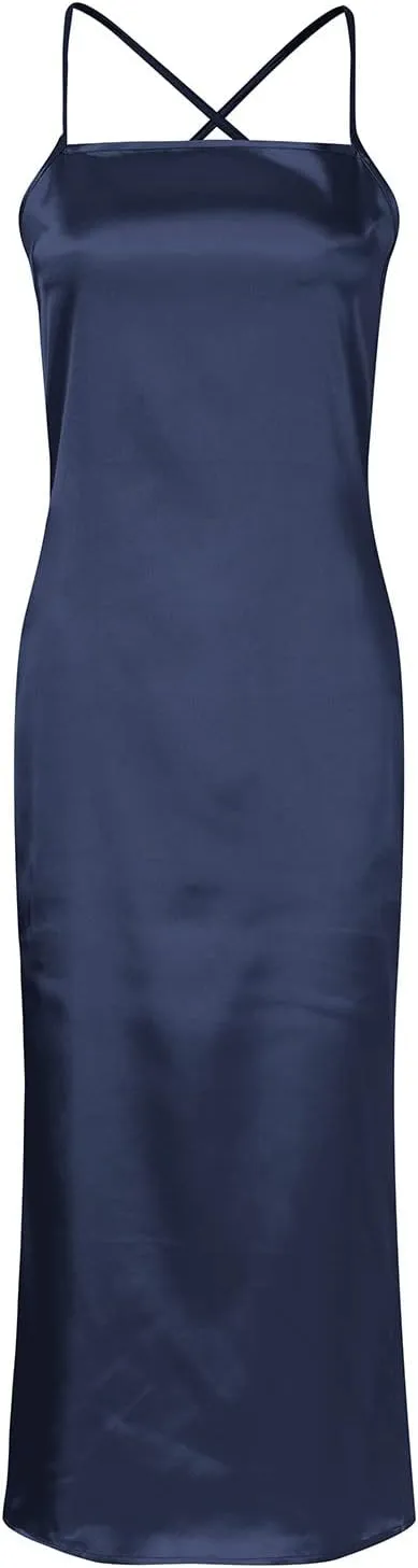 Women's Satin Slip Dress Cowl Neck Backless Bodycon Sexy Long Dresses Criss Cross Silk Party Club Evening Dress