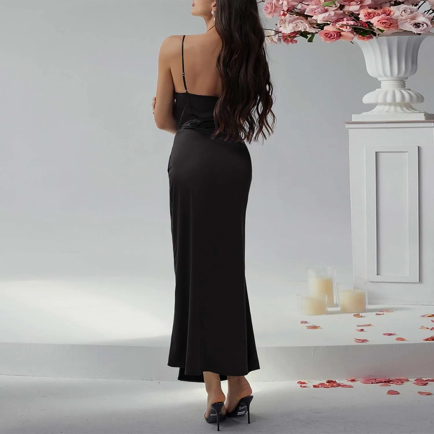Women's Satin Slip Dress Cowl Neck Backless Bodycon Sexy Long Dresses Criss Cross Silk Party Club Evening Dress