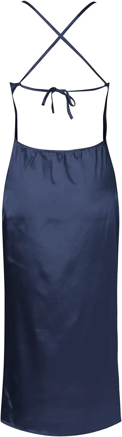 Women's Satin Slip Dress Cowl Neck Backless Bodycon Sexy Long Dresses Criss Cross Silk Party Club Evening Dress