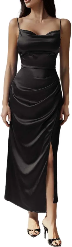 Women's Satin Slip Dress Cowl Neck Backless Bodycon Sexy Long Dresses Criss Cross Silk Party Club Evening Dress