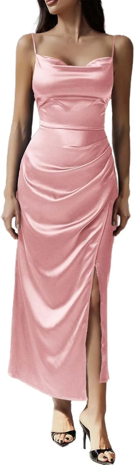 Women's Satin Slip Dress Cowl Neck Backless Bodycon Sexy Long Dresses Criss Cross Silk Party Club Evening Dress