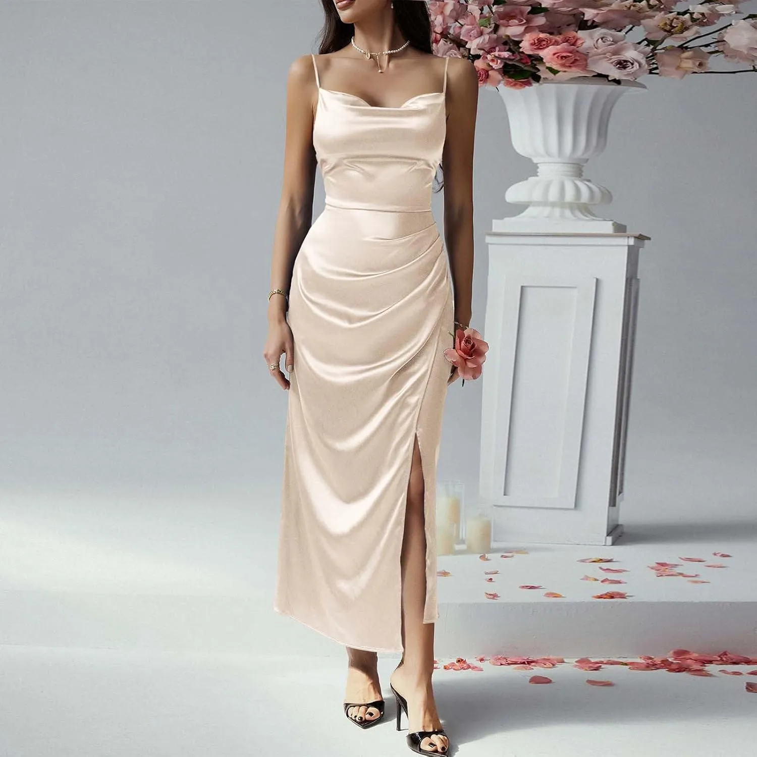 Women's Satin Slip Dress Sexy Cowl Neck Backless Bodycon Club Long Dresses Tie Knot Criss Cross Silk Evening Dresses