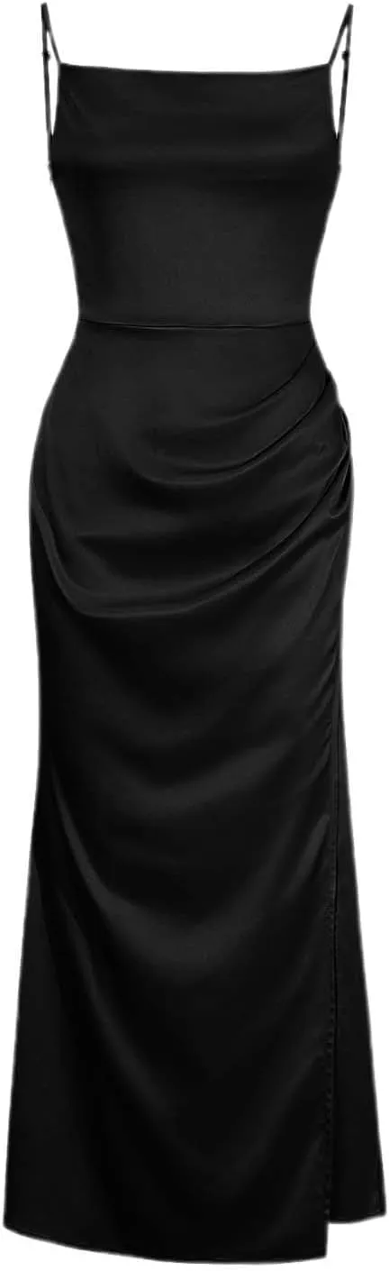 Women's Satin Slip Dress Sexy Cowl Neck Backless Bodycon Club Long Dresses Tie Knot Criss Cross Silk Evening Dresses