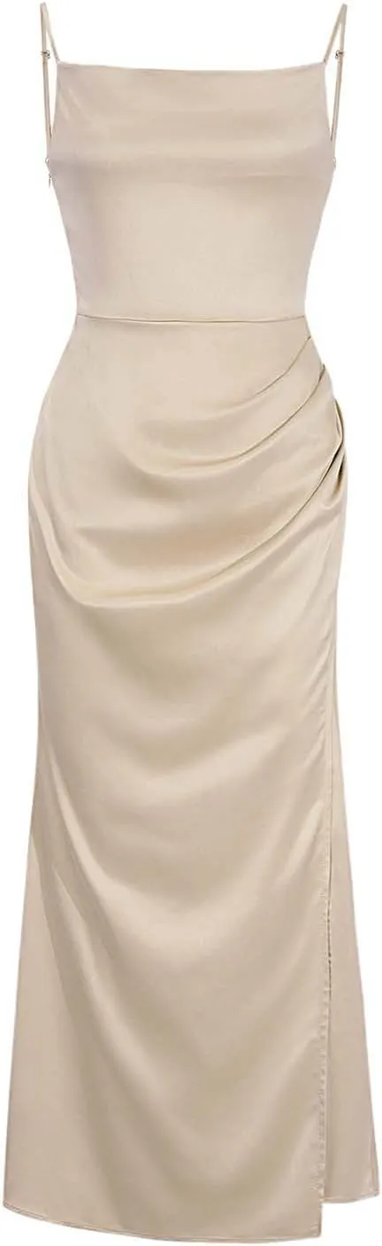 Women's Satin Slip Dress Sexy Cowl Neck Backless Bodycon Club Long Dresses Tie Knot Criss Cross Silk Evening Dresses