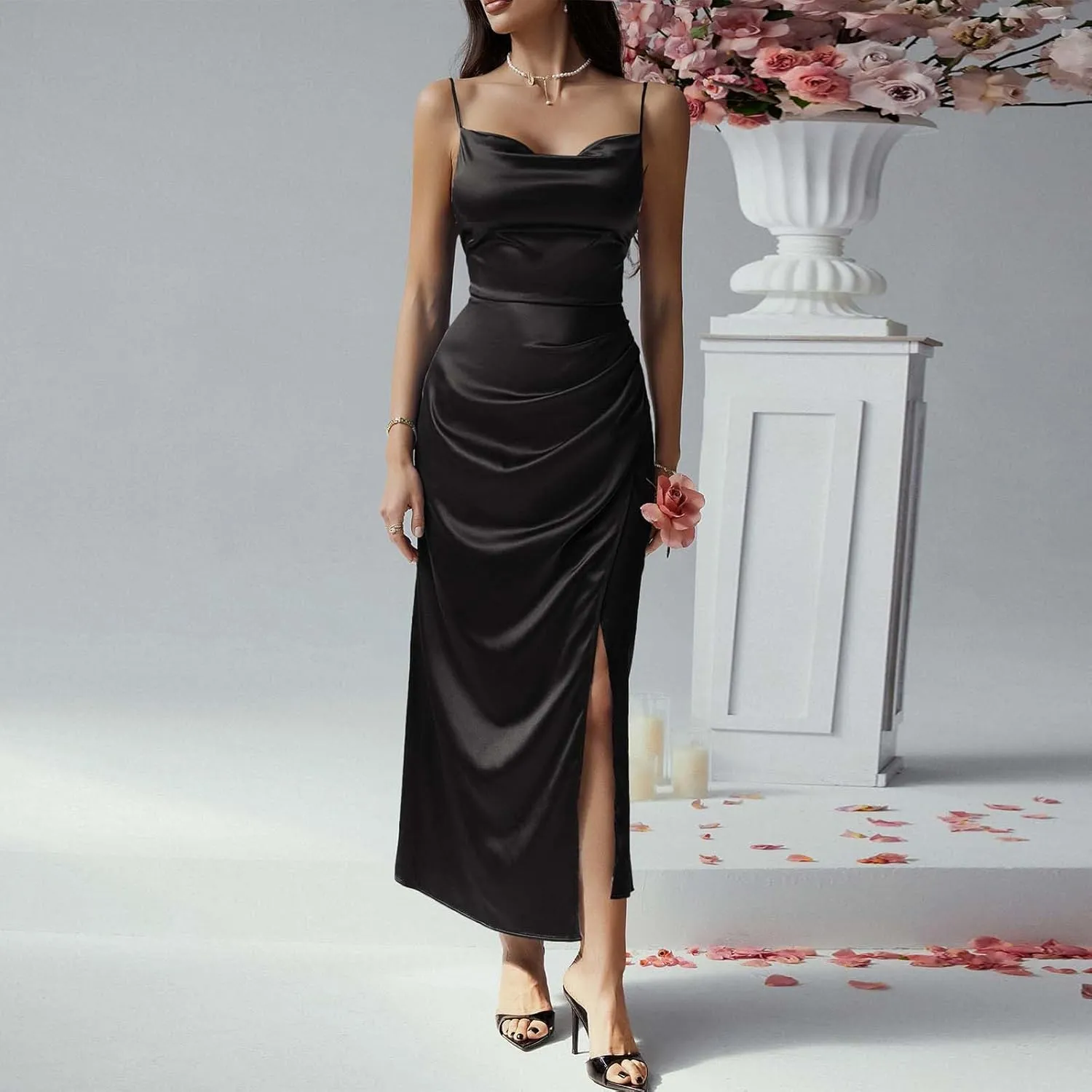Women's Satin Slip Dress Sexy Cowl Neck Backless Bodycon Club Long Dresses Tie Knot Criss Cross Silk Evening Dresses