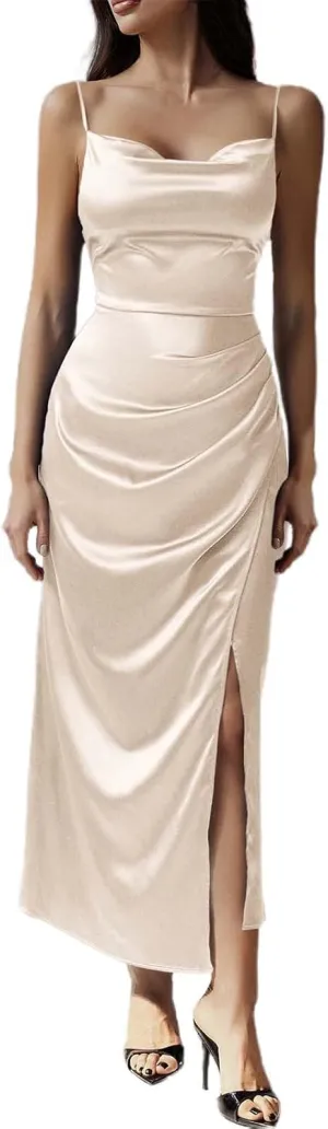 Women's Satin Slip Dress Sexy Cowl Neck Backless Bodycon Club Long Dresses Tie Knot Criss Cross Silk Evening Dresses
