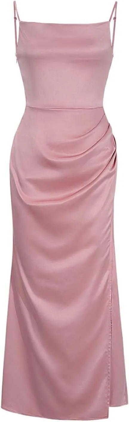 Women's Satin Slip Dress Sexy Cowl Neck Backless Bodycon Club Long Dresses Tie Knot Criss Cross Silk Evening Dresses