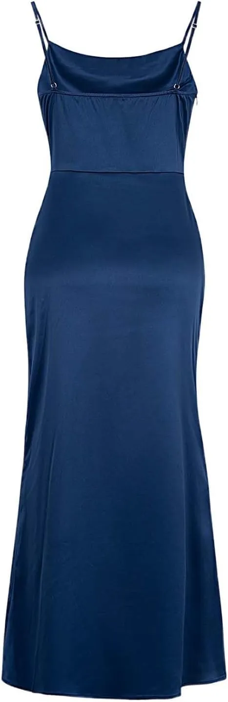 Women's Satin Slip Dress Sexy Cowl Neck Backless Bodycon Club Long Dresses Tie Knot Criss Cross Silk Evening Dresses