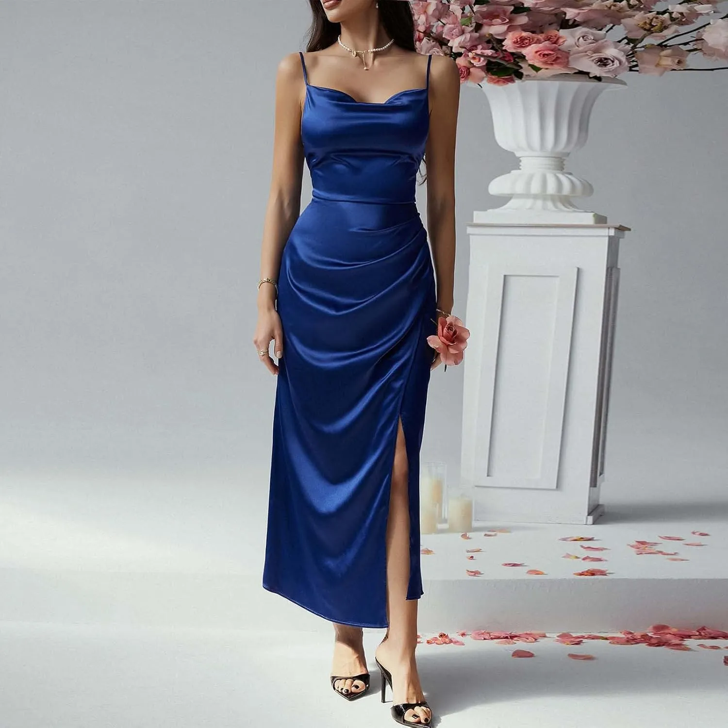 Women's Satin Slip Dress Sexy Cowl Neck Backless Bodycon Club Long Dresses Tie Knot Criss Cross Silk Evening Dresses