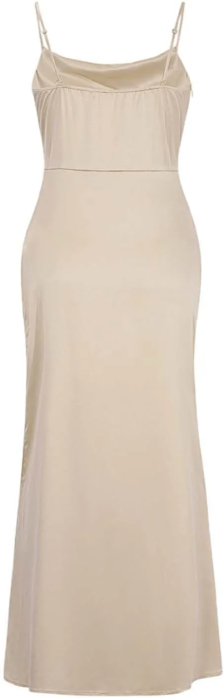 Women's Satin Slip Dress Sexy Cowl Neck Backless Bodycon Club Long Dresses Tie Knot Criss Cross Silk Evening Dresses