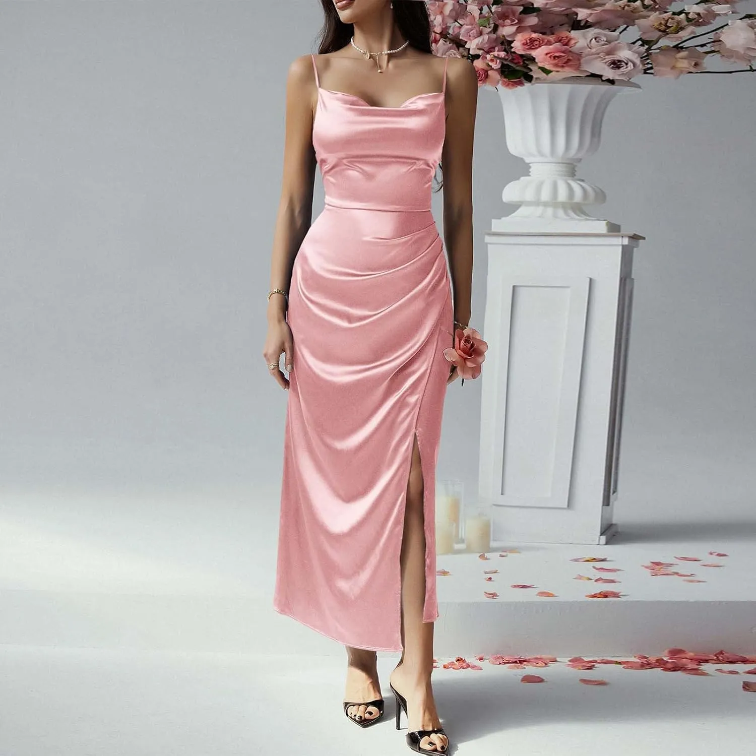 Women's Satin Slip Dress Sexy Cowl Neck Backless Bodycon Club Long Dresses Tie Knot Criss Cross Silk Evening Dresses