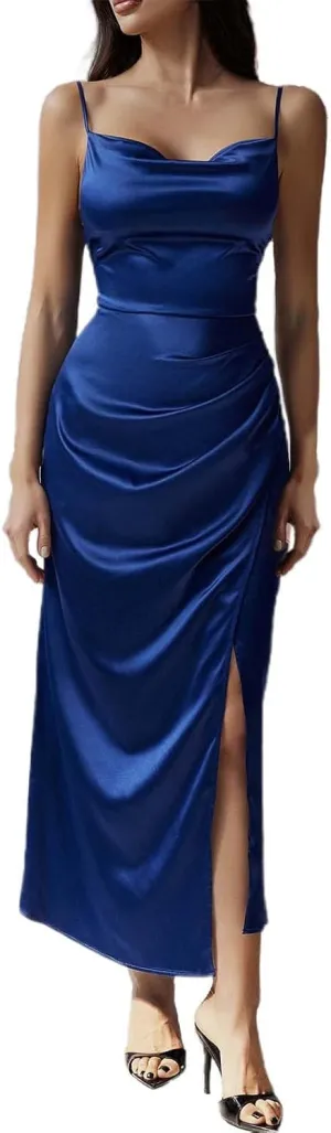 Women's Satin Slip Dress Sexy Cowl Neck Backless Bodycon Club Long Dresses Tie Knot Criss Cross Silk Evening Dresses