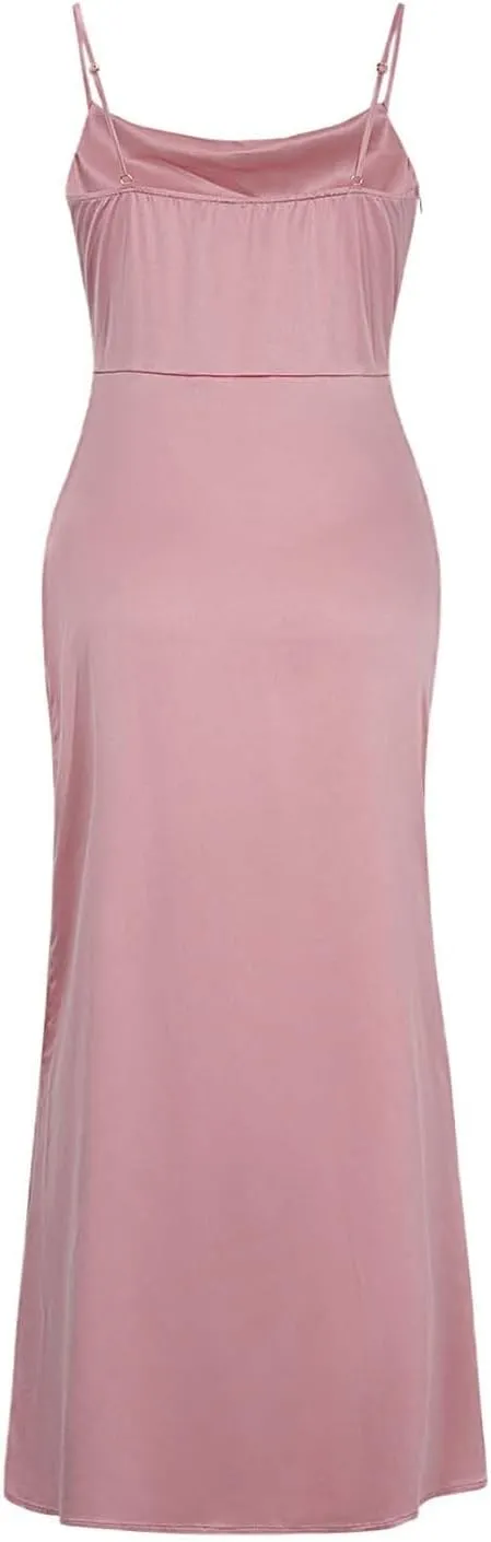Women's Satin Slip Dress Sexy Cowl Neck Backless Bodycon Club Long Dresses Tie Knot Criss Cross Silk Evening Dresses