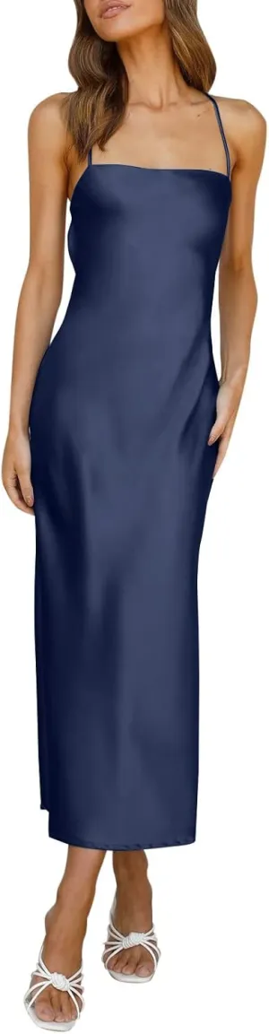 Women's Satin Slip Dress Sexy Cowl Neck Backless Bodycon Club Long Dresses Tie Knot Criss Cross Silk Evening Dresses